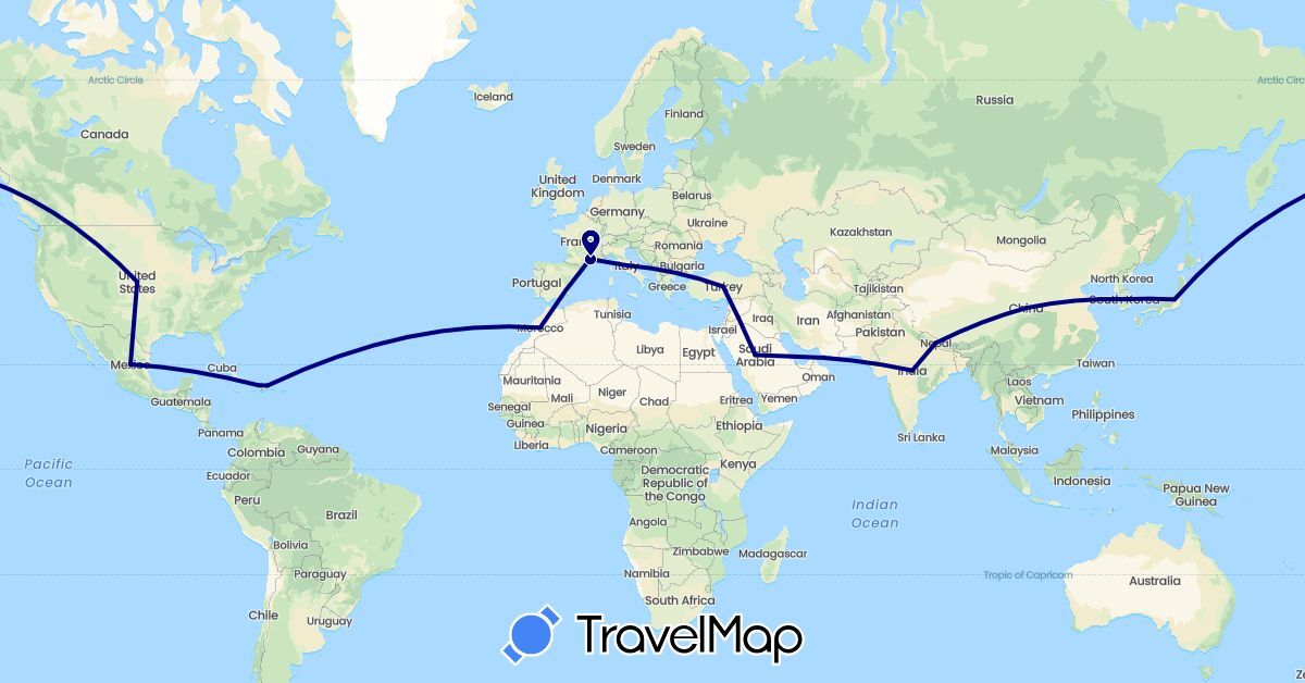 TravelMap itinerary: driving in China, Dominican Republic, France, Haiti, India, Italy, Japan, South Korea, Morocco, Nepal, Qatar, Turkey (Africa, Asia, Europe, North America)